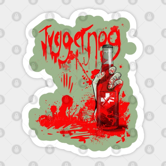 Zombie Hand Bloodied Juggernog on Leaf Green Sticker by LANStudios